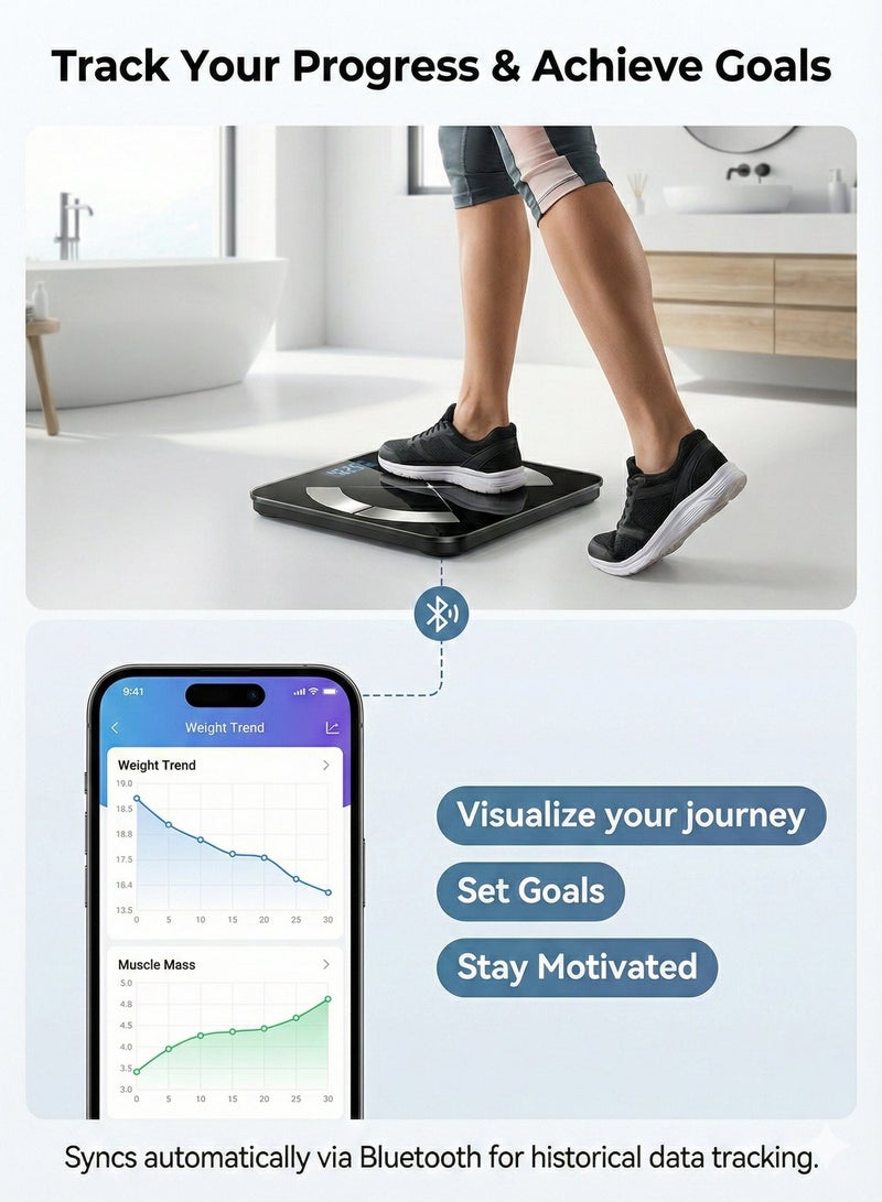 Yaqeen Smart Body Fat Scale Rechargeable Type-C with 26 Body Composition Metrics High Precision 50g Sensor Bluetooth App Monitor for BMI/Weight/Fat Black - Image 3